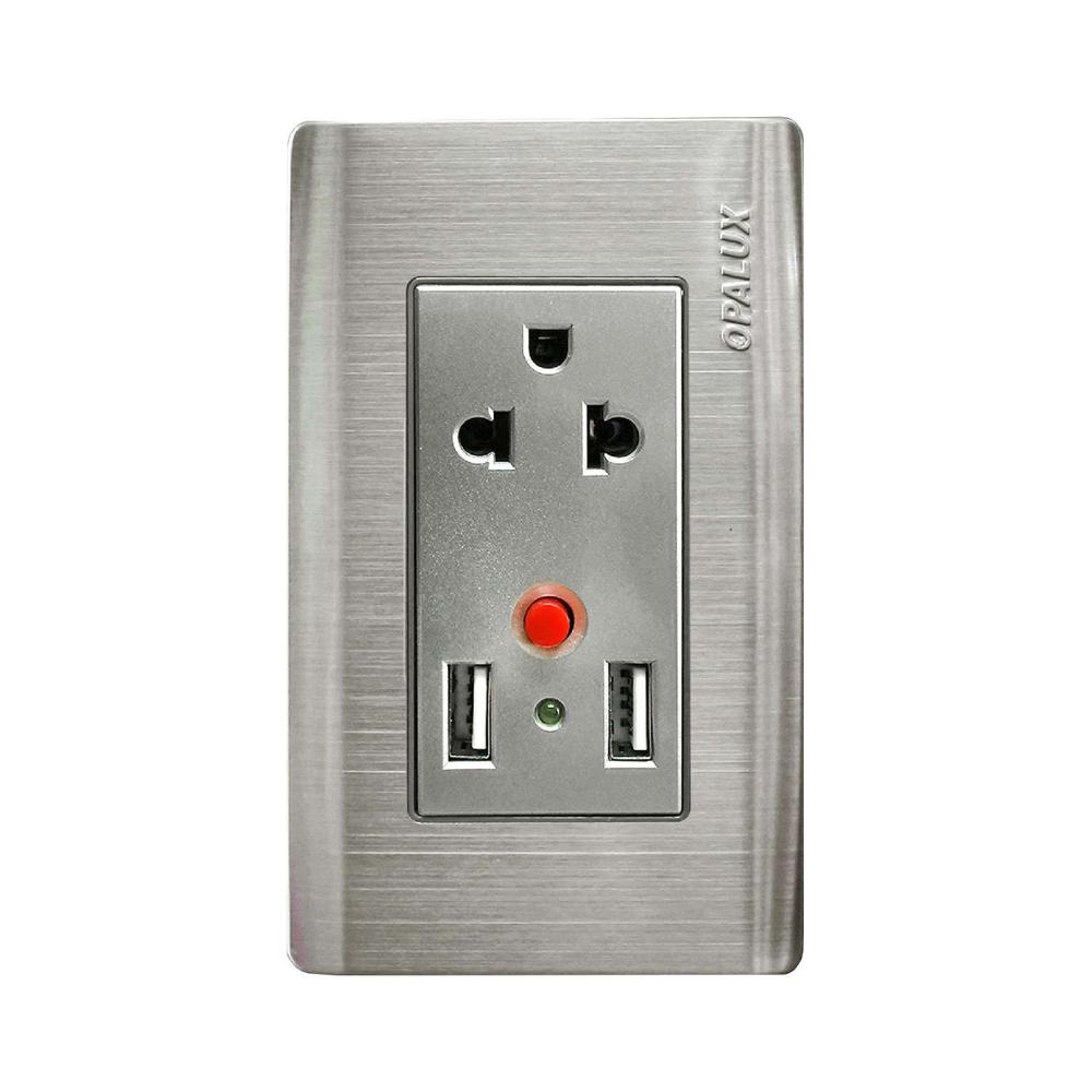 Tomacorriente Metálico Simple Universal + Usb Doble Op-Sp96 Opalux