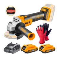 Amoladora Angular 20V Brushless 4 1/2'+ 2 Baterías + Guantes Ingco