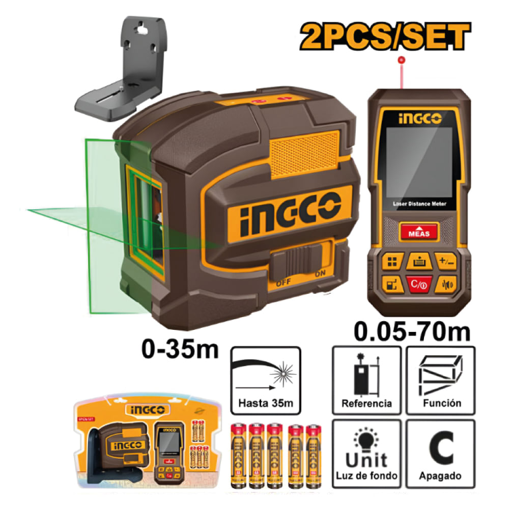 Kit Nivel Láser Autonivelante Ingco 35M + Medidor de Distancia Láser Ingco 70M COSLL0401
