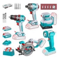 Taladro Percutor 66nm + Sierra Circular + Atornillador 285nm + Lijadora y Linterna Total TOSLI241081
