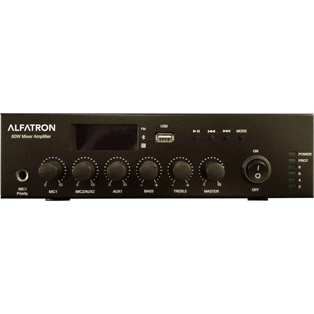 Amplificador Mezclador Alfatron Compact 60W con Bluetooth, USB, Radio FM y Control Remoto