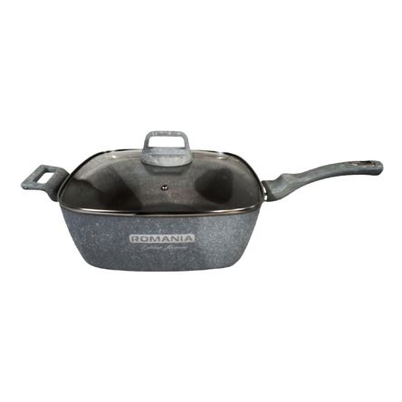 Sartén Cuadrado Romania Antiadherente 28 cm con Tapa de Vidrio Templado Gris