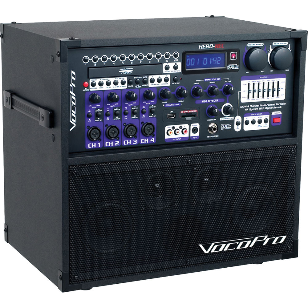 VocoPro HERO-REC Basic 120W Sistema PA Portátil de 4 Canales con Grabadora Digital y 2 Micrófonos Co