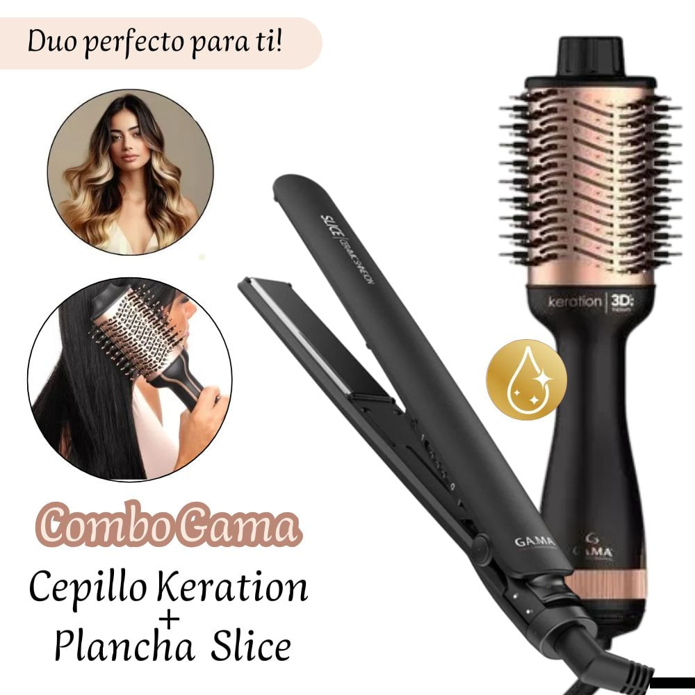 COMBO PLANCHA ALISADORA DE CABELLO GAMA SLICE + CEPILLO SECADOR GAMA KERATION 3D THERAPY