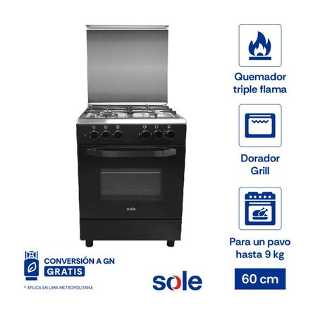 Cocina de Pie a Gas Sole Bahamas 4 Hornillas Acero 60cm Negro | con Horno
