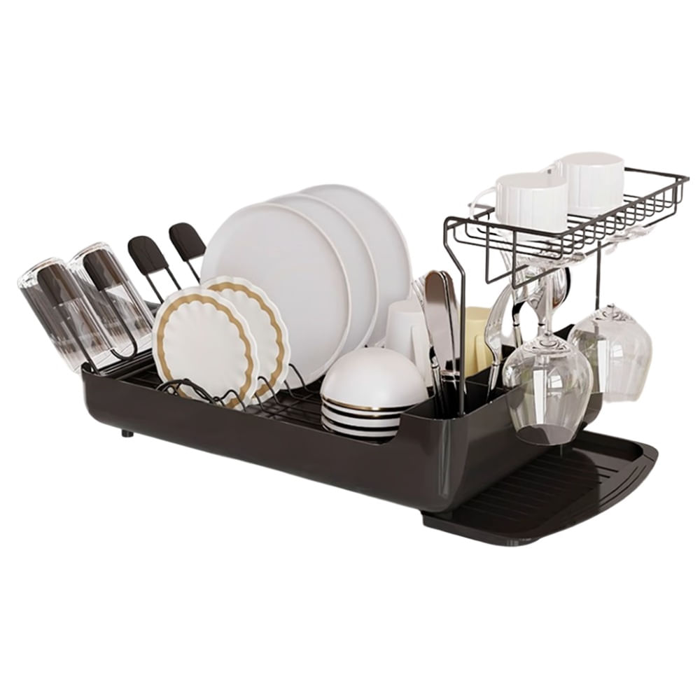 Escurridor de Platos Dos Niveles con Soporte para Copas Negro