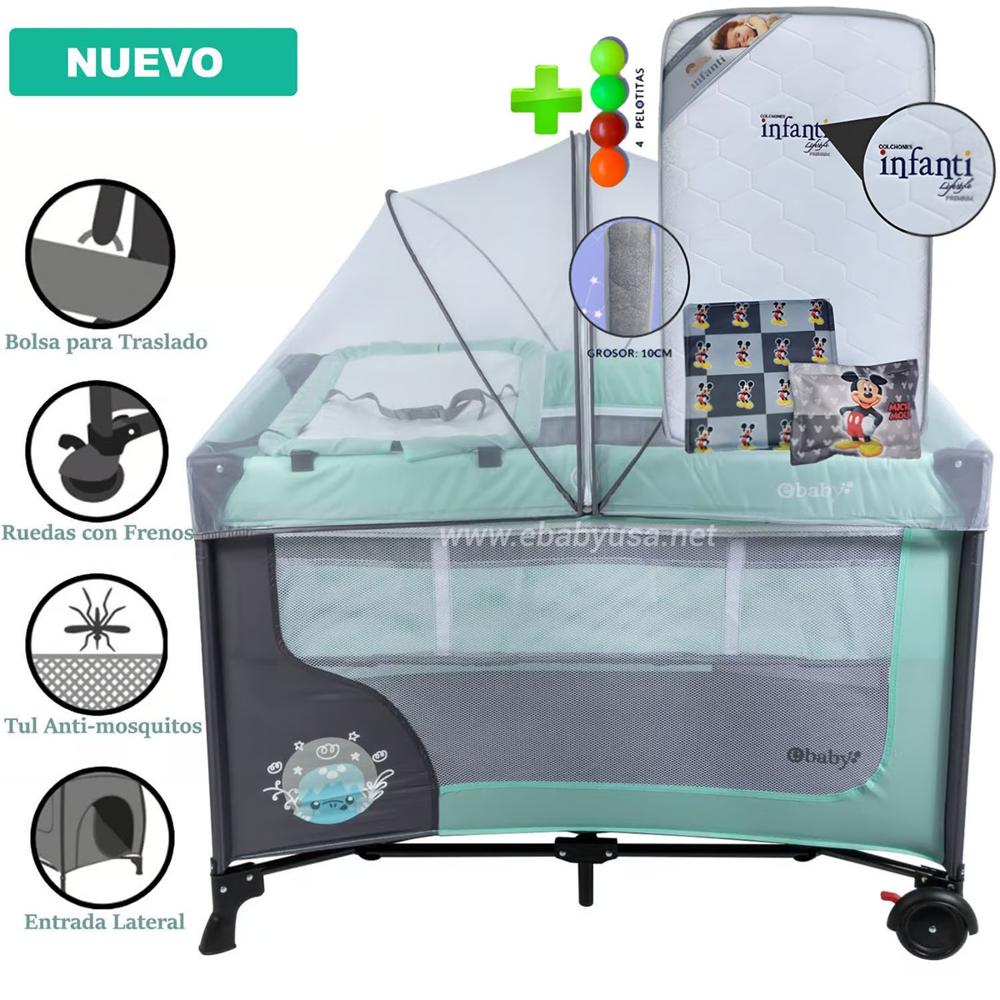 Cuna Corral Ebaby Happy Dream Verde +Colchón