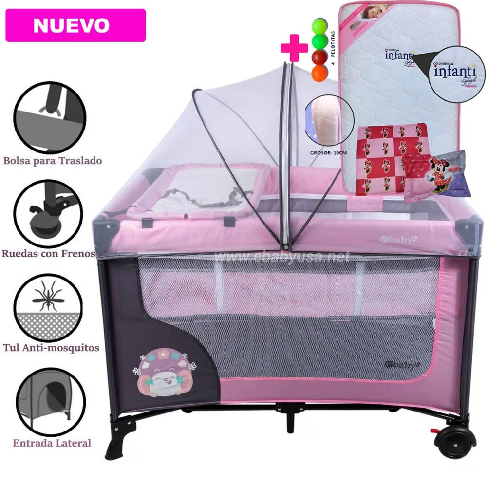 Cuna Corral Ebaby Happy Dream Rosado +Colchón
