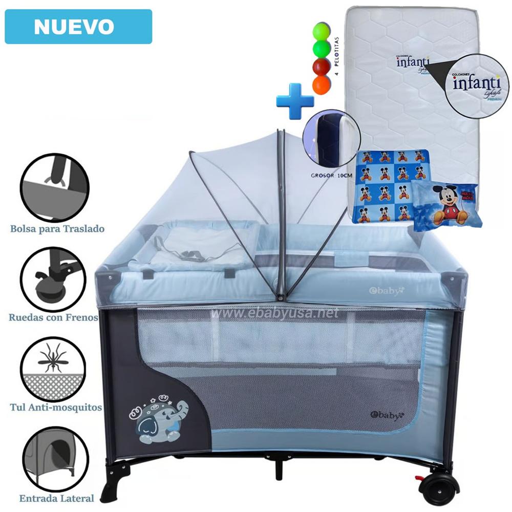 Cuna Corral Ebaby Happy Dream Celeste +Colchón