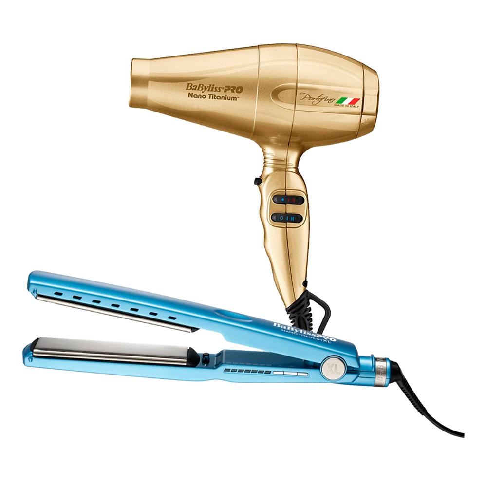 Combo BabylissPRO Alisadora Nano Titanium XL BNT9091TXLPE y Secador Portofino Dorado BNTG6610PE