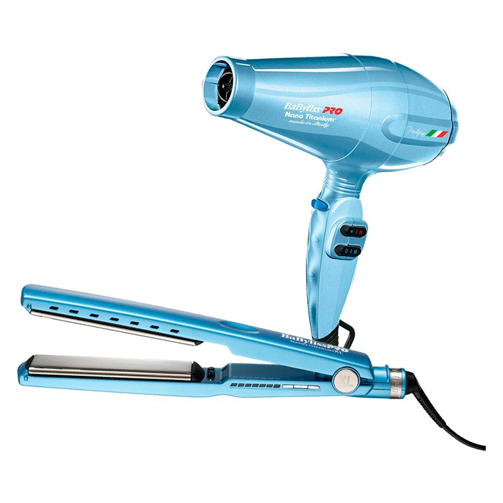 Combo BabylissPRO Alisadora Nano Titanium XL BNT9091TXLPE y Secador Portofino Azul BNTB6610NPE