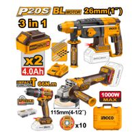 Kit Brushless Ingco Percutor 20V 66NM + Amoladora 20V 1000W + Rotomartillo 2.5J SDS PLUS COSLI241198