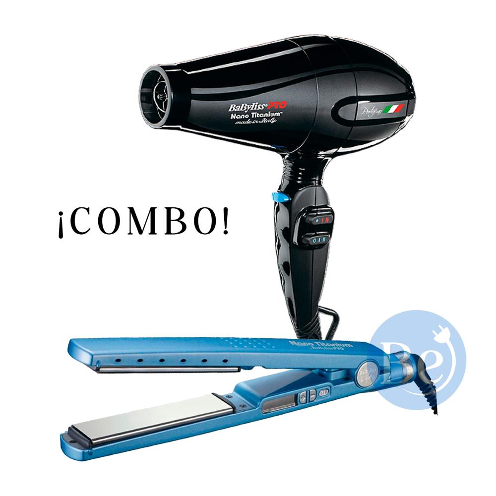 Combo BabylissPRO Alisadora Nano Titanium BNT4091TPE y Secador Portofino Negro BNT6610NPE