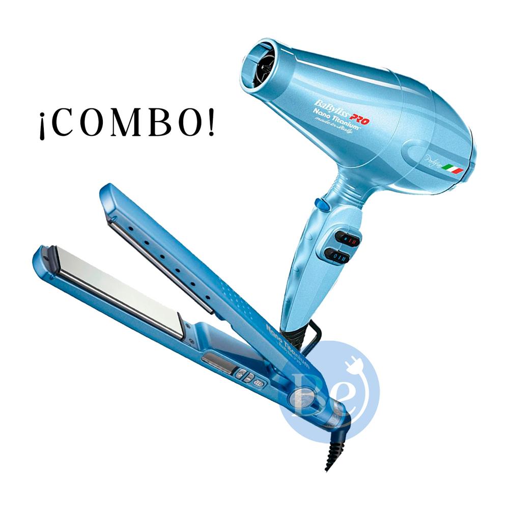 Combo BabylissPRO Alisadora Nano Titanium BNT4091TPE y Secador Portofino Azul BNTB6610NPE