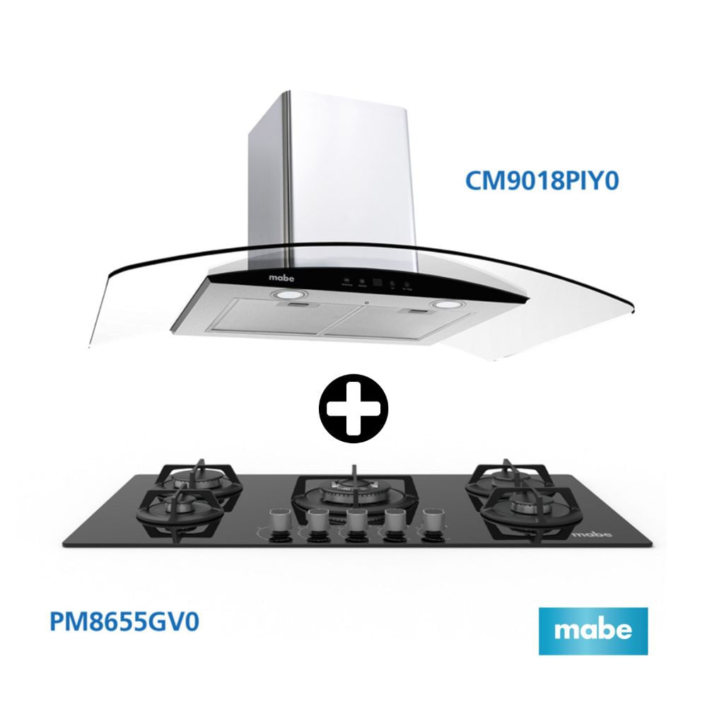 COMBO Mabe: Cocina Empotrable Negra 90 PM8655GV0 + Campana Decorativa CM9018PIY0 Inoxidable Plata 90cm