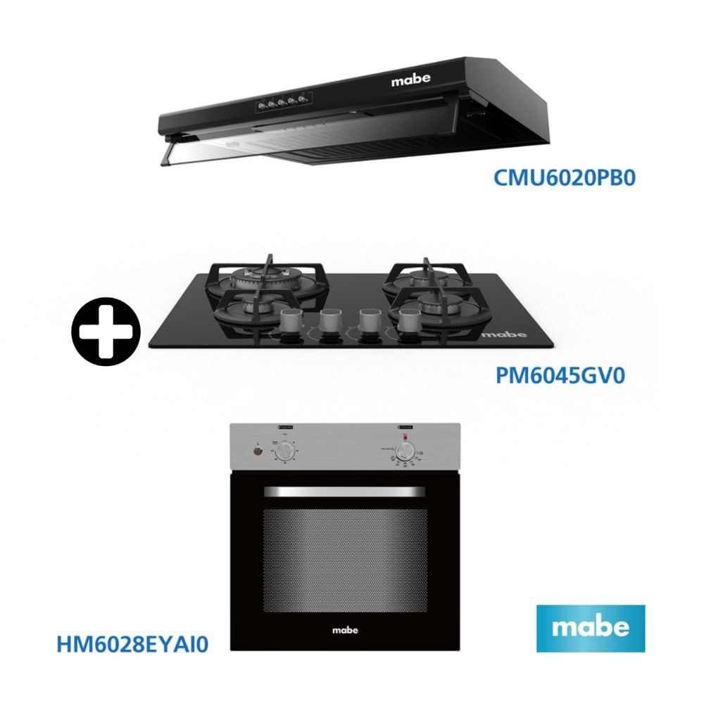 COMBO Mabe: Cocina Empotrable Negra 60 PM6045GV0 + Horno Empotrable HM6028EYAI0 Acero Plata + Campana 60Cm Cmu6020Pb0 Black