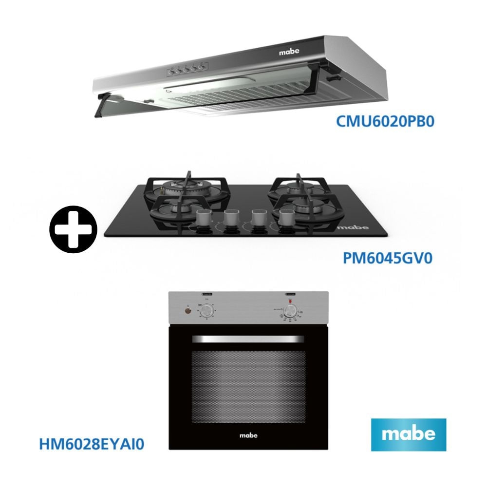 COMBO Mabe: Cocina Empotrable Negra 60 PM6045GV0 + Horno Empotrable HM6028EYAI0 Acero Plata + Campana extractora Cmu6020Pi0 60cm