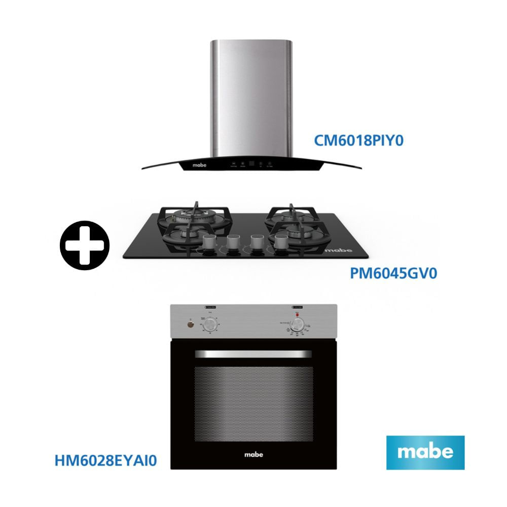 COMBO Mabe: Cocina Empotrable Negra 60 PM6045GV0 + Horno Empotrable HM6028EYAI0 Acero Plata + Campana Decorativa 60cm Inoxidable