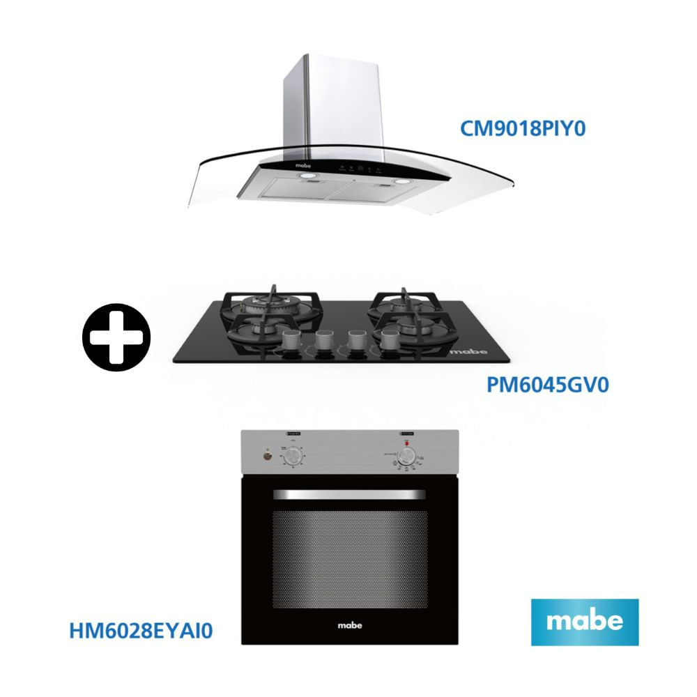 COMBO Mabe: Cocina Empotrable Negra 60 PM6045GV0 + Horno Empotrable HM6028EYAI0 Acero Plata + Campana Decorativa CM9018PIY0 Inoxidable Plata 90cm