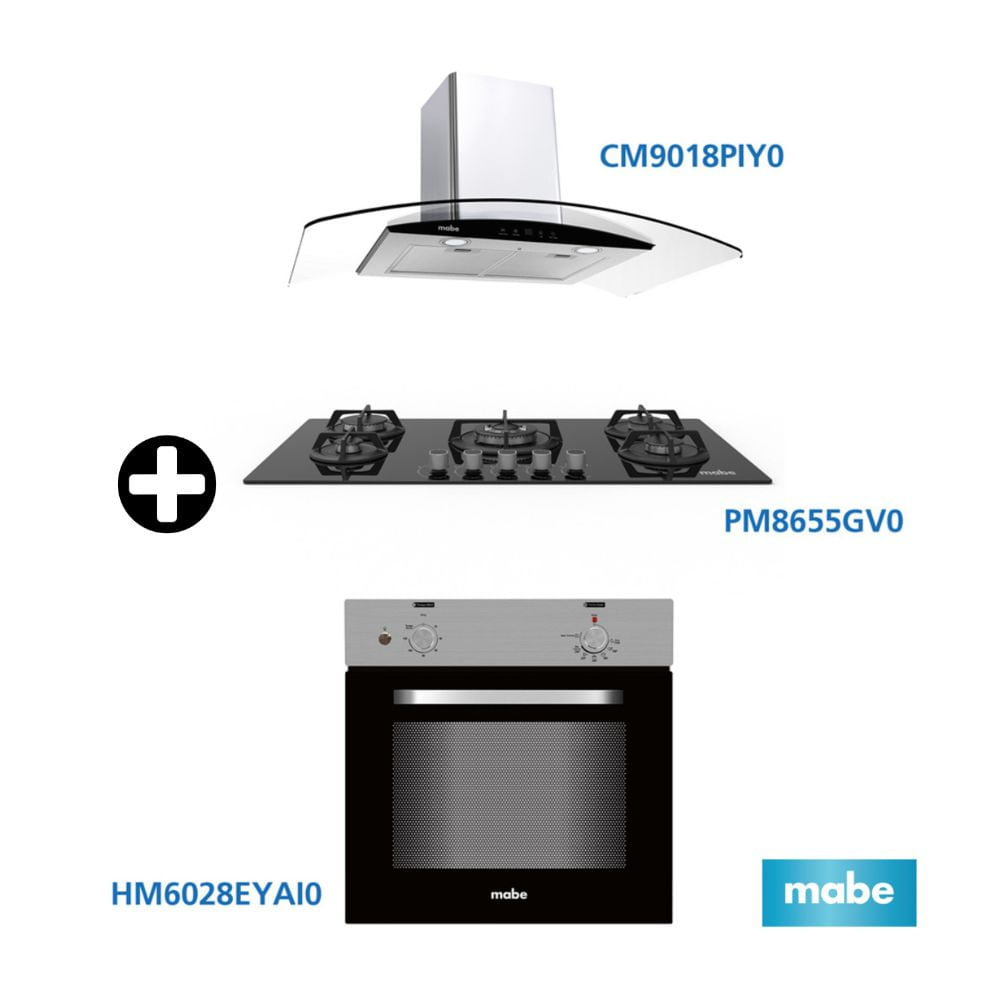 COMBO Mabe: Cocina Empotrable Negra 90 PM8655GV0 + Horno Empotrable HM6028EYAI0 Acero Plata + Campana Decorativa CM9018PIY0 Inoxidable Plata 90cm