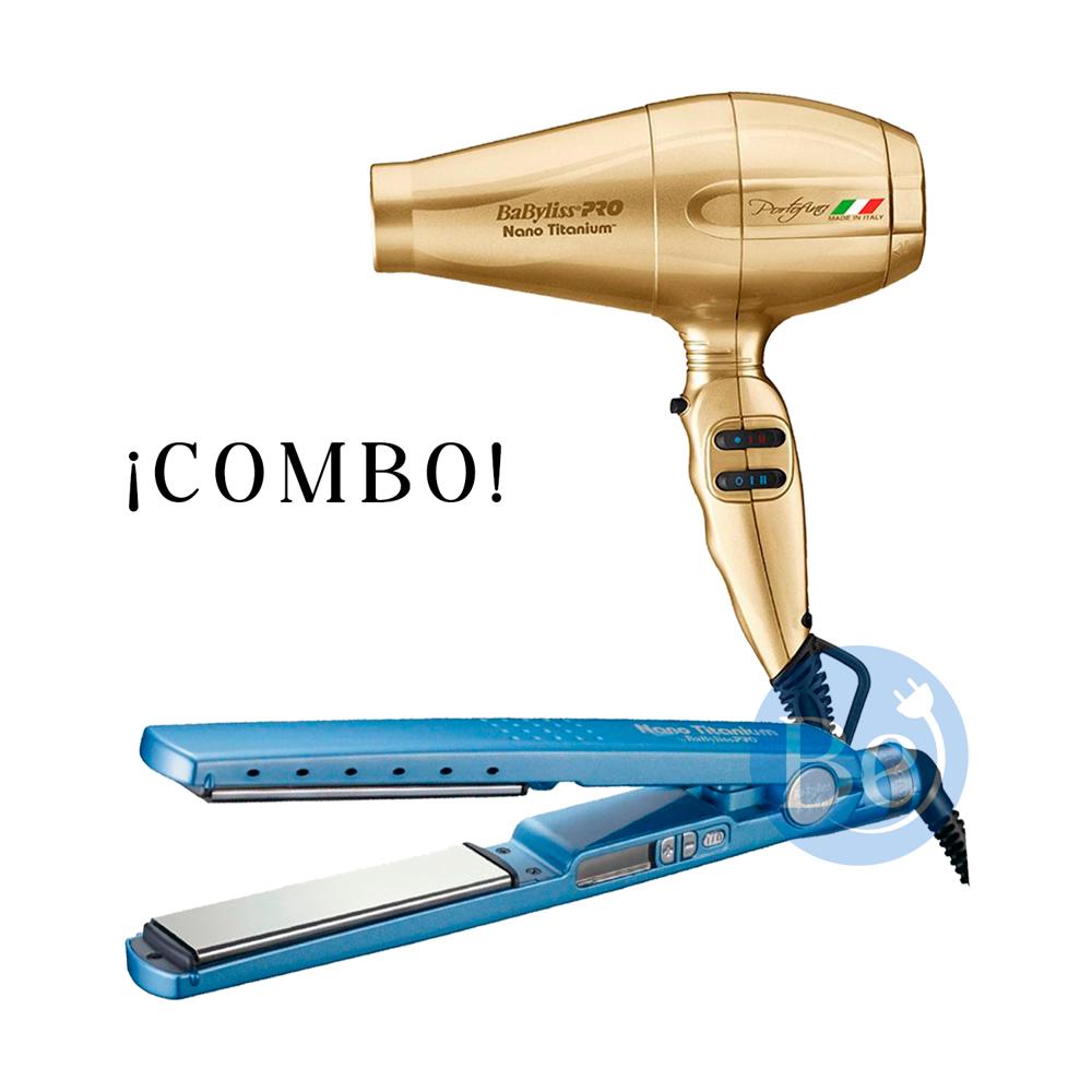 Combo BabylissPRO Alisadora Nano Titanium BNT4091TPE y Secador Portofino Dorado BNTG6610PE