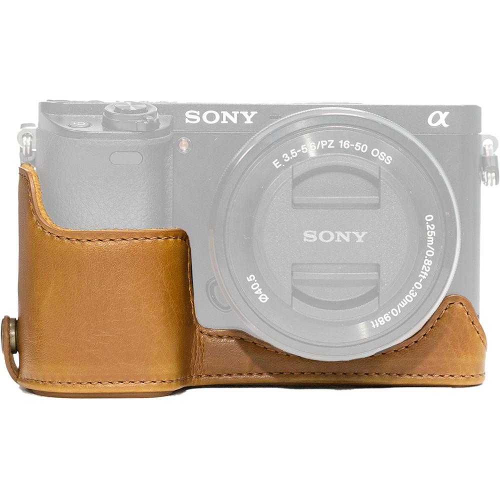 Funda de Cuero MegaGear Ever Ready para Cámara Sony Alpha a5100 (Marrón Claro) - Acceso a Compartime