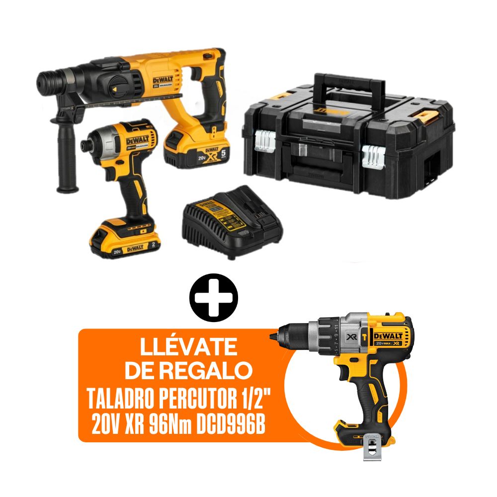 COMBO Dewalt Inalámbrico DCK260D1P1T-K10: Rotomartillo + Atornillador de Impacto + Taladro Percutor + 2 Baterías