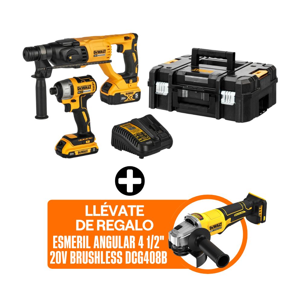 COMBO Dewalt Inalámbrico DCK260D1P1T-K8: Rotomartillo + Atornillador de Impacto + Esmeril Angular + 2 Baterías