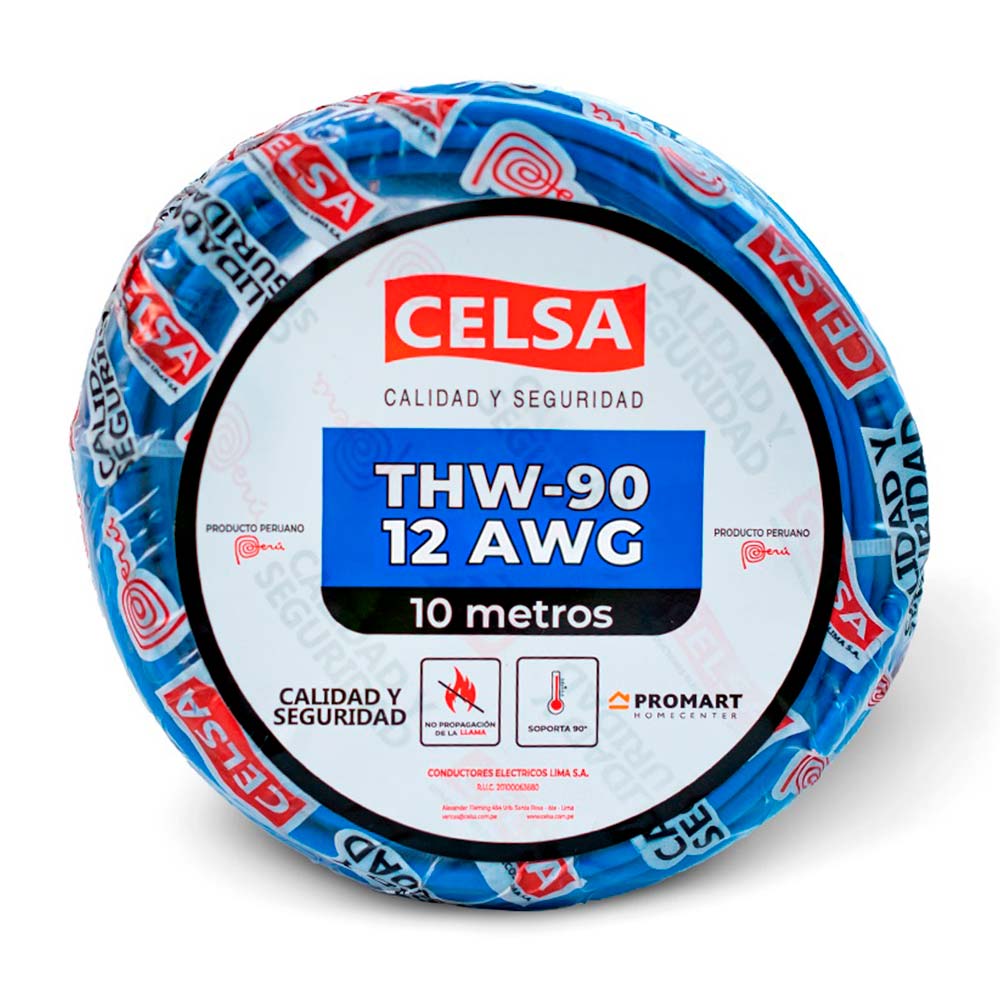 Cable Thw-90 450/750 V 12 Awg Celsa Azul 10m