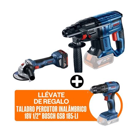 COMBO Bosch: Amoladora Inalámbrica Gws 180 Kit + Rotomartillo Gbh 180 + Taladro Percutor Gsb 185-Li