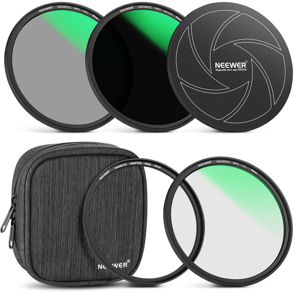 Neewer Kit de Filtros de Lente Magnéticos 5 en 1 (55mm) - CPL, MCUV & ND1000, Protección de Lente, R