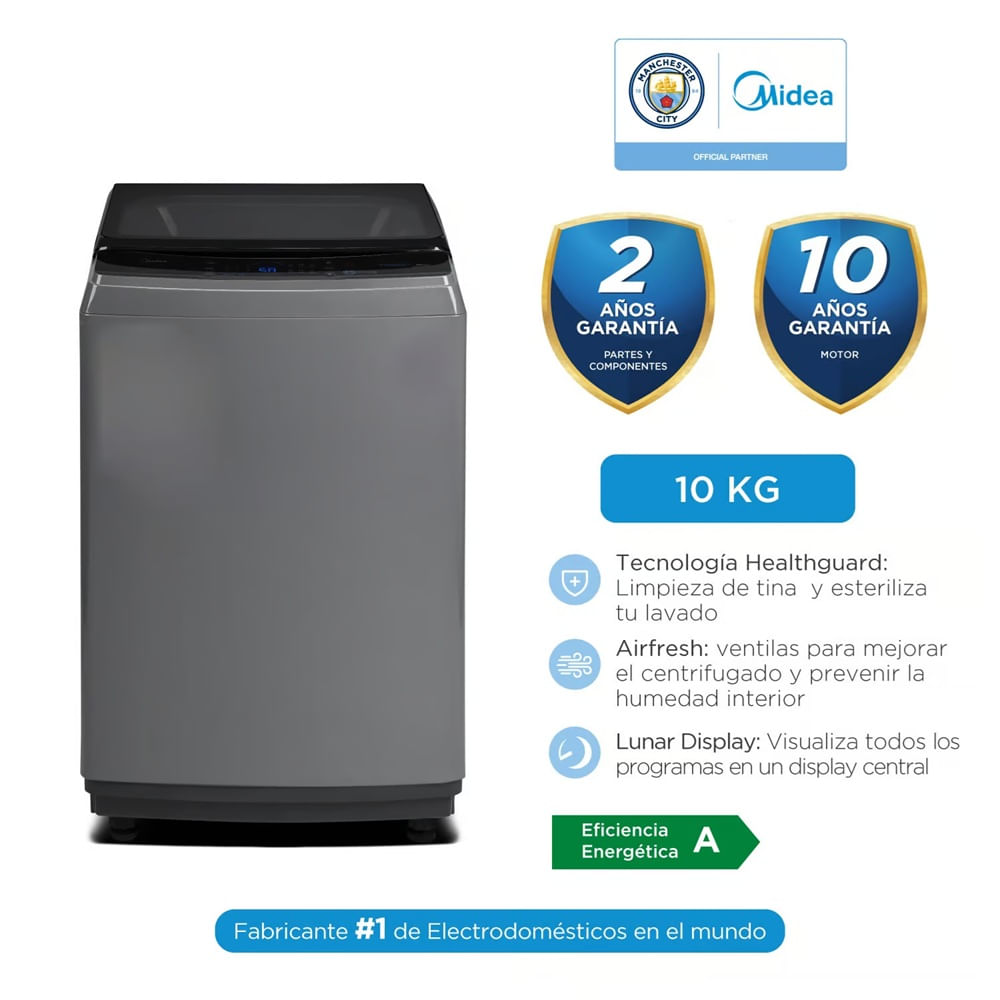 Lavadora Automática Carga Superior MIDEA MA200W100GPE 10 Kg Gris