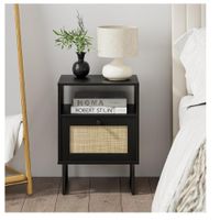 Mesita de Noche con Malla en Ratán Leonard color Negro 1 puerta TU MESITA