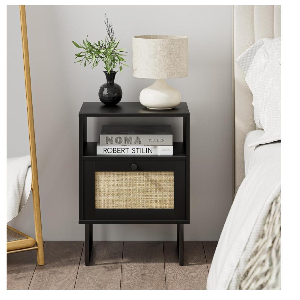 Mesita de Noche con Malla en Ratán Leonard color Negro 1 puerta TU MESITA