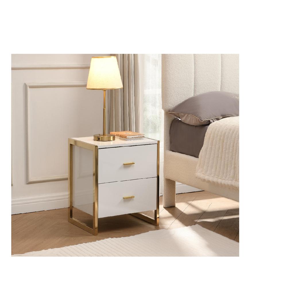 Velador Mesa de Noche Elegante Murcia color Blanco/Dorado 2 cajones TU MESITA