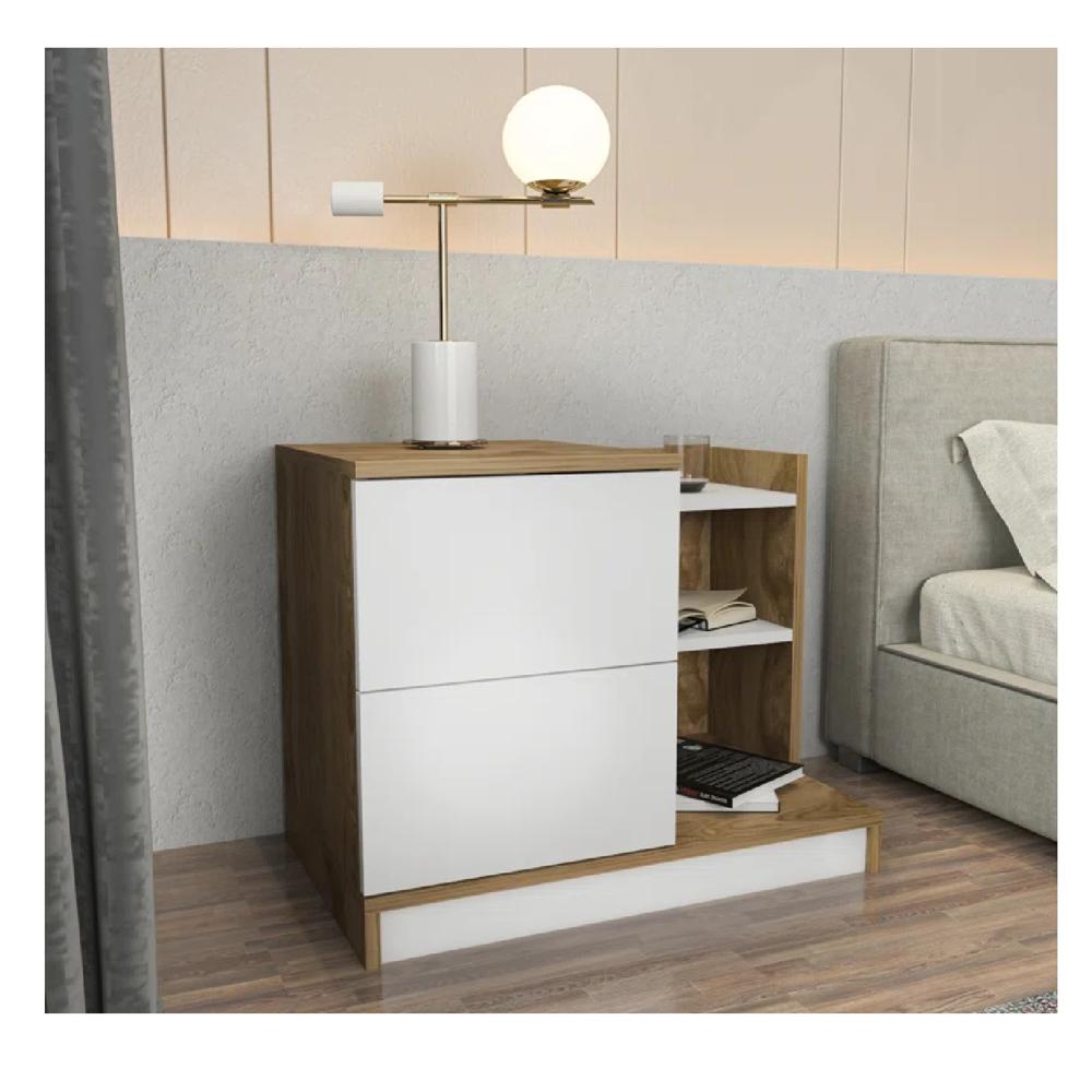 Velador Mesa de Noche Multiusos Xenia color Blanco/Marrón 2 cajones mas Repisas TU MESITA