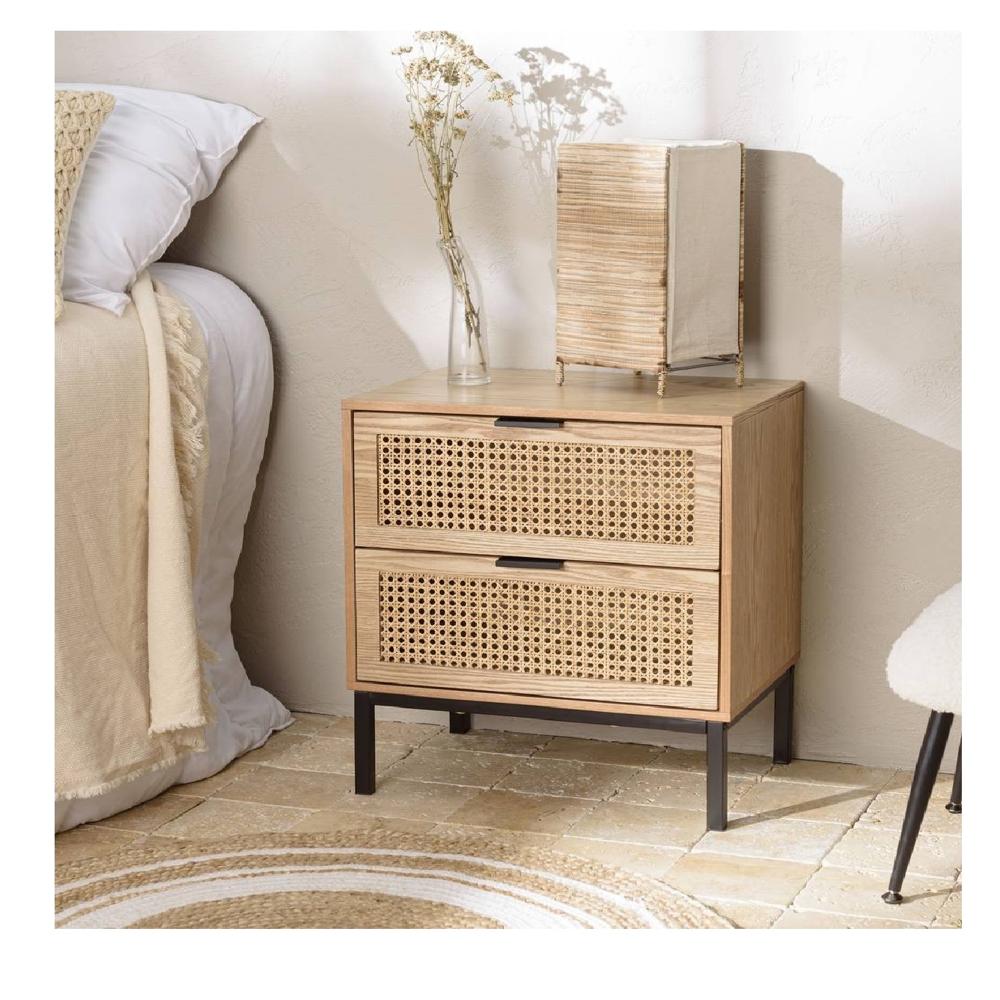 Velador Mesa de Noche Moderna Cassidy con rejilla Ratán 2 cajones TU MESITA