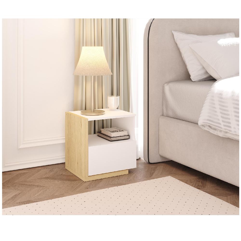Velador Mesa de Noche Normandi color Blanco/Duna 1 cajón TU MESITA