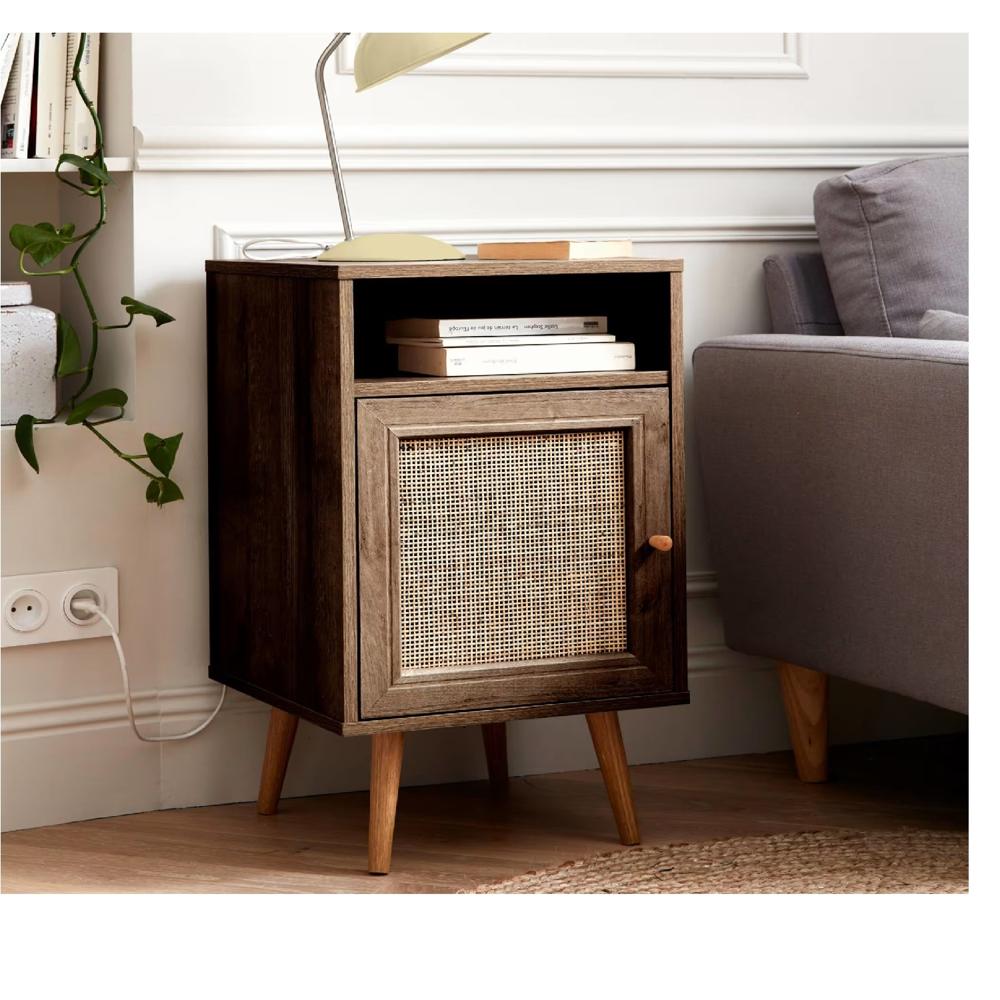Mesa de Noche Ariosto color Marrón con Rejilla de Ratán 1 puerta TU MESITA