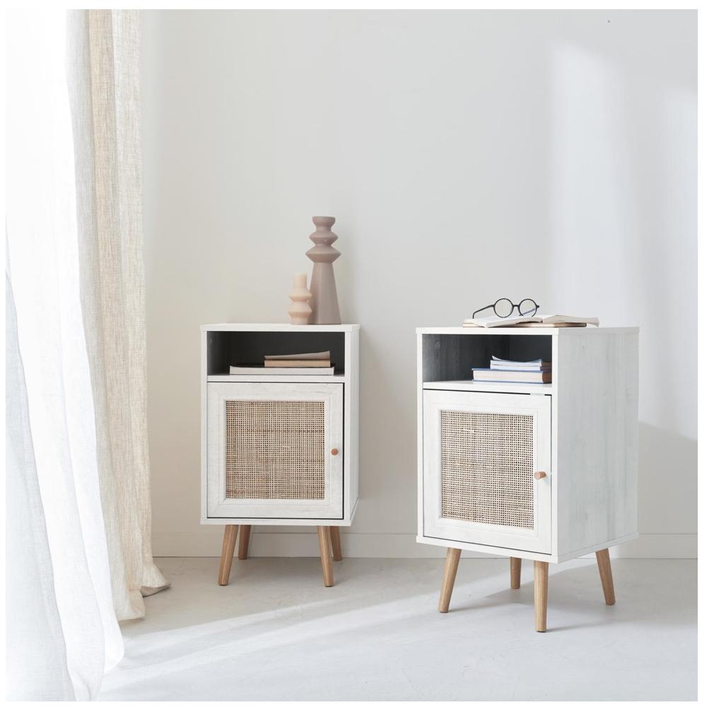 Mesa de Noche Velador Aelu color Blanco con Rejilla de Ratán TU MESITA