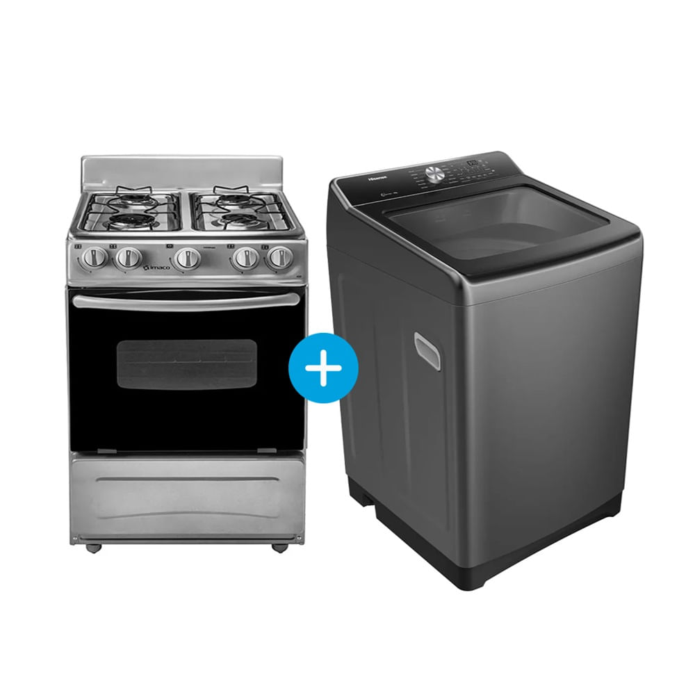 Combo Cocina de Pie Imaco 4 quemadores y Lavadora Hisense Carga Superior 20KG Gris