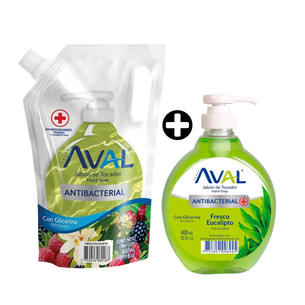 COMBO Jabón líquido antibacterial fresco Eucalipto 800ml Aval + Jabón líquido antibacterial fresco Eucalipto 400ml Aval