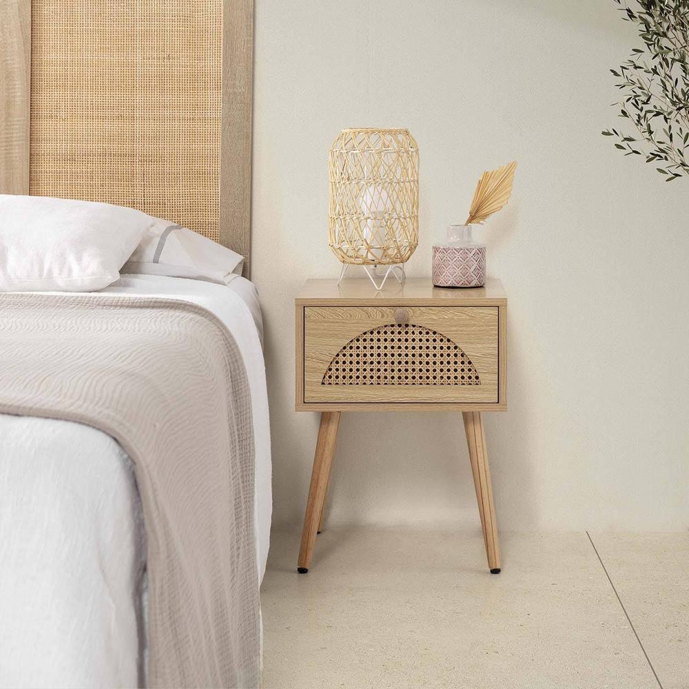 Velador Vintage Portugal color Rovere con Rejilla Ratán 1 cajón TU MESITA