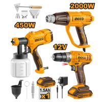 Combo Atornillador Ingco 12V CDLI1218 + Pistola Pintar 450W SPG3508 + Pistola Calor 2000W HG200078