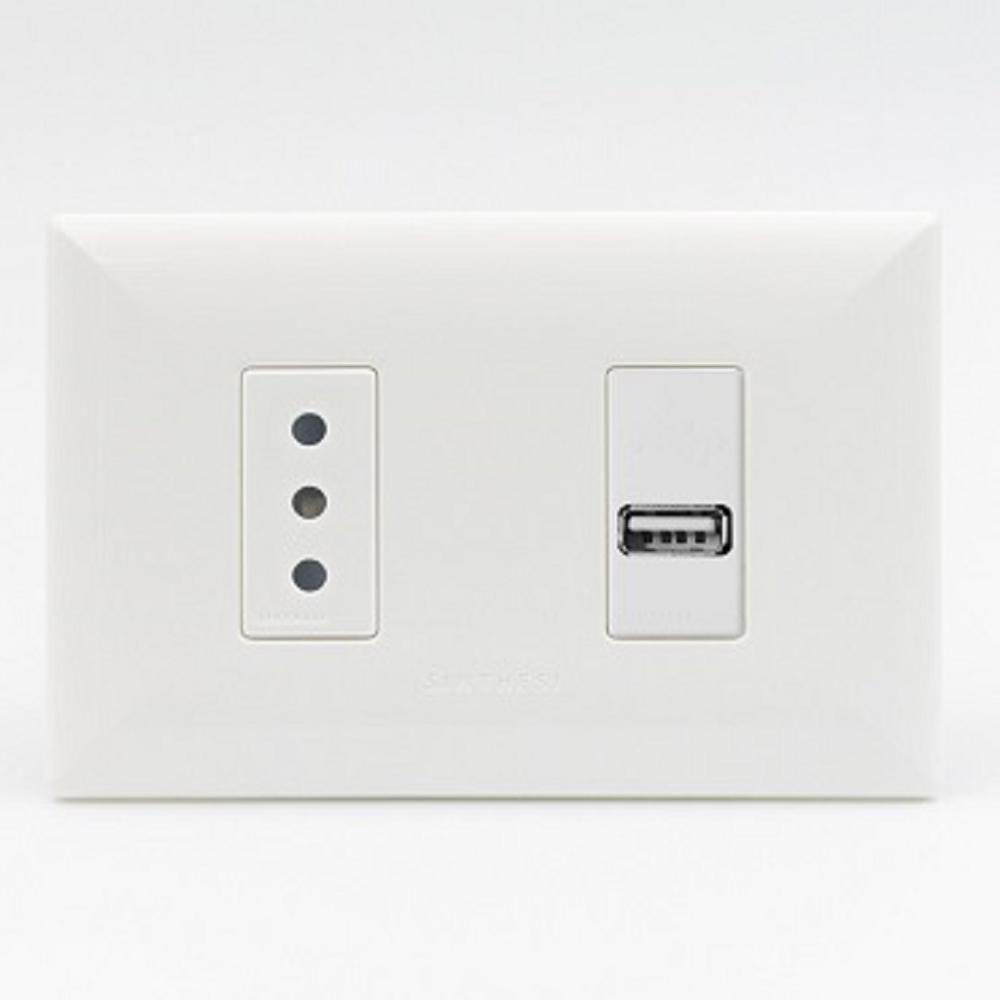 TOMACORRIENTE DOBLE 1 3 EN LINEA Y 1 CARGADOR USB TIPO A SINTHESI S17 PLACA BLANCA Y DADO BLANCO