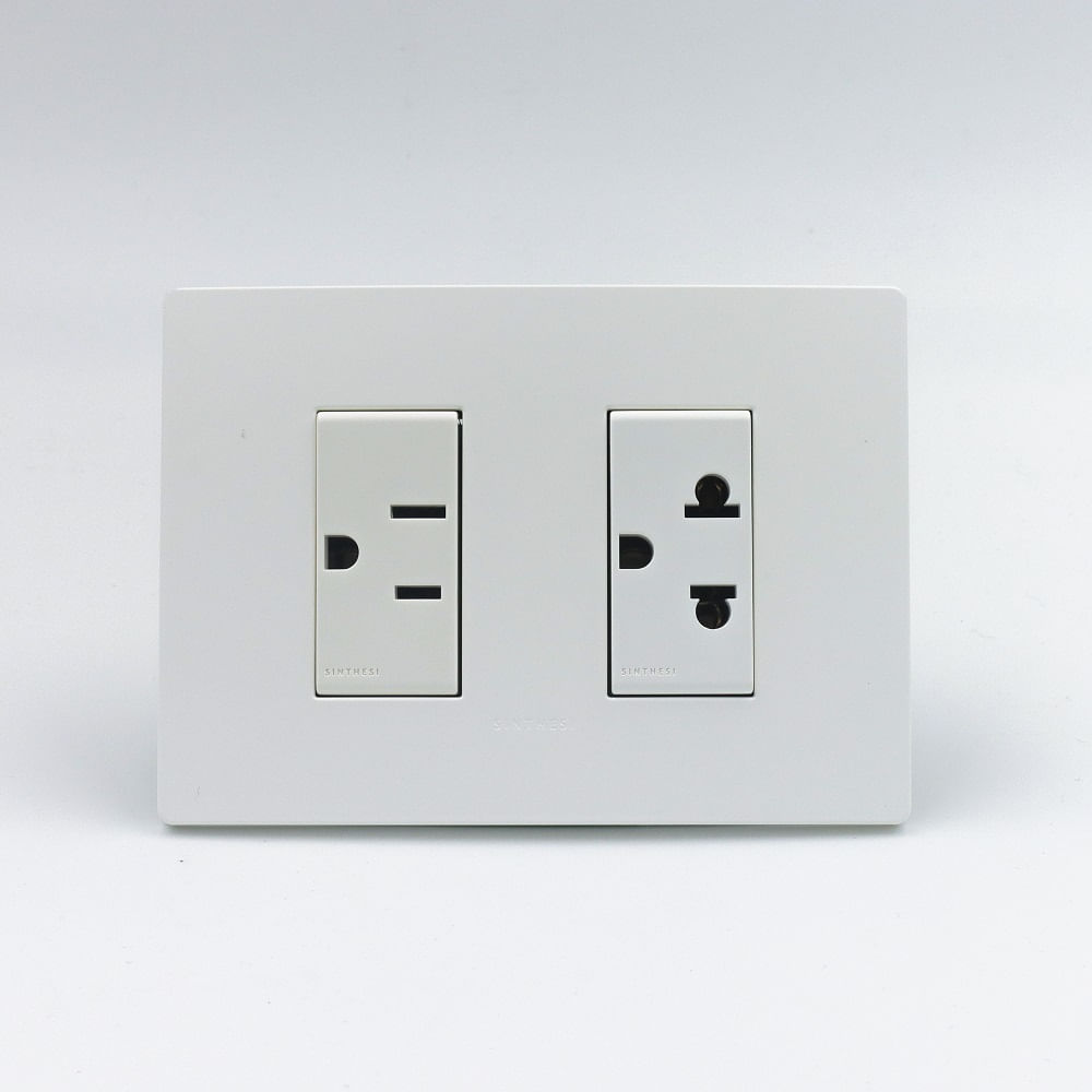 TOMACORRIENTE DOBLE 1 AMERIC Y 1 UNIVERSAL  SINTHESI S33 PLACA BLANCA MATE Y DADO S22 BLANCO