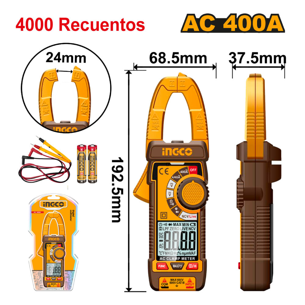 Pinza Amperimétrica Digital Ingco AC 400A 4000 Recuentos DCM62001