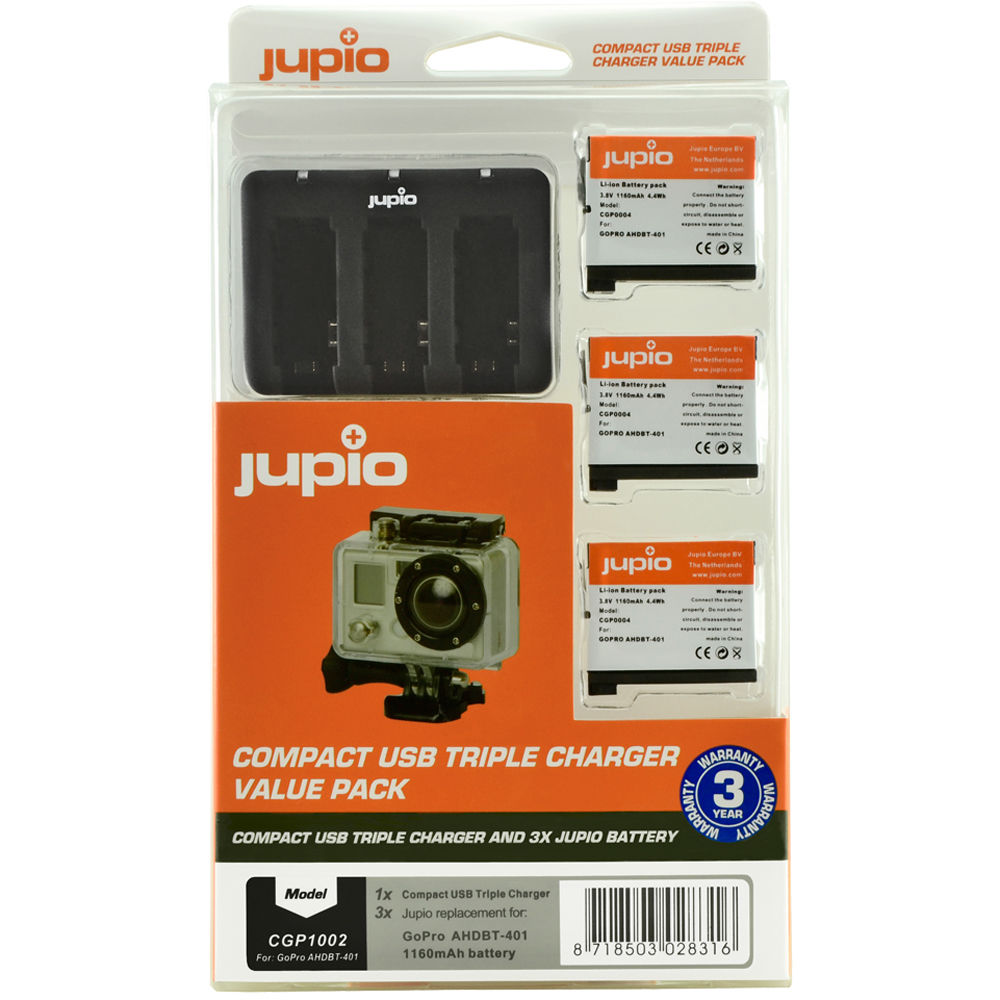 Baterías Jupio 3 x Litio-Ion para GoPro HERO4 y Cargador Triple Compacto - Reemplazos AHDBT-401, 3.8