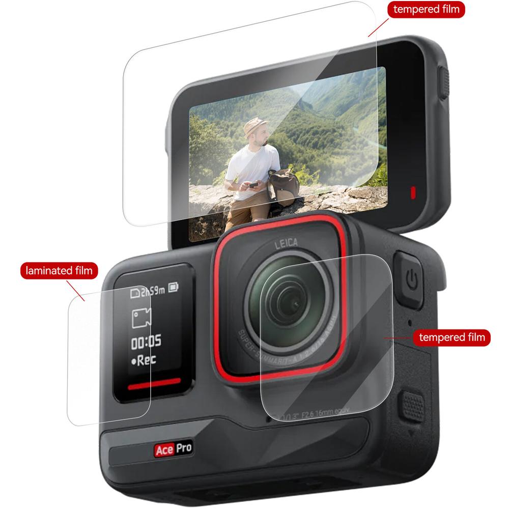 Set de Películas de Vidrio Templado TELESIN para Insta360 ACE - Protección para Pantallas Delantera,