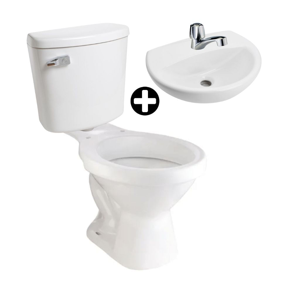 COMBO Trebol: Taza Universal Blanco + Tanque para inodoro Rapid Jet Plus Blanco + Lavatorio Fontana Blanco + Llave de Lavatorio Grazia Baja Plata